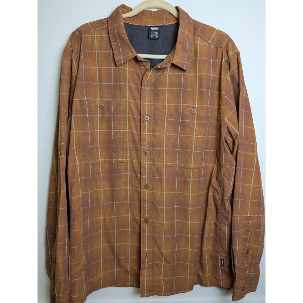 REI Co-op Men's XL Plaid Long Sleeve Hiking Button Up Shirt Vented Back Brown